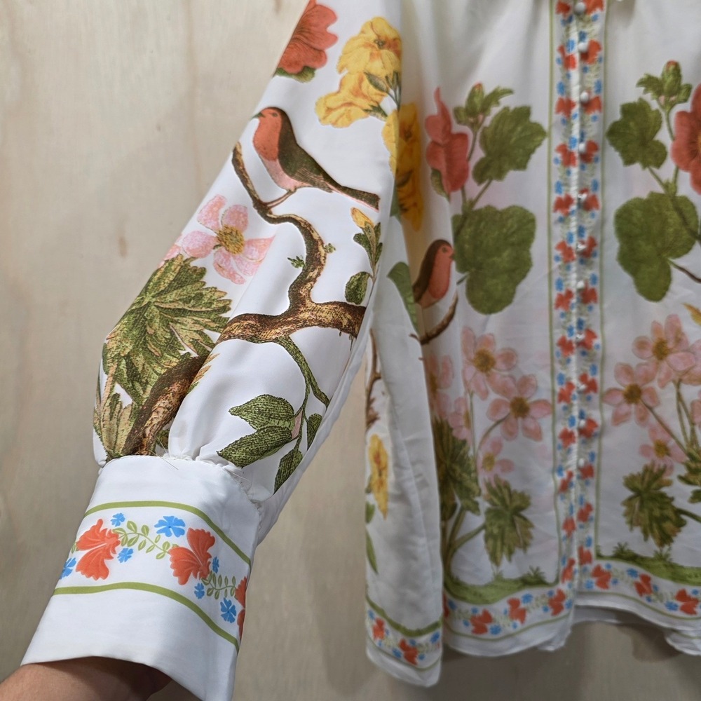 Rose + Olive Floral Bird Print Button Down Blouse White Plus 3X Long Sleeve - Picture 16 of 16